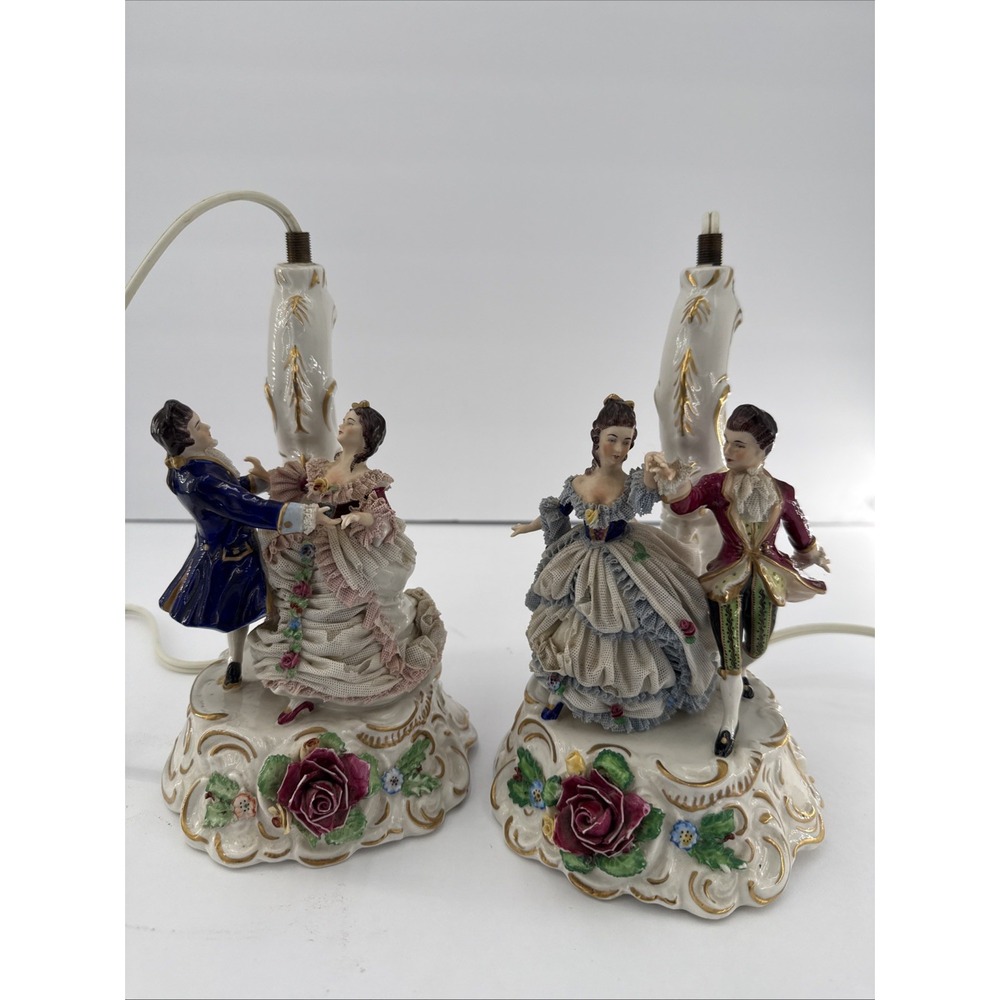 Pair VTG Unterweissbach Germany Porcelain Lace Courting Couple Lamps AS IS